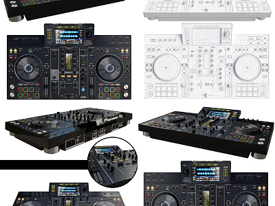 Professional DJ Mixer Featuring Control Panel Turntables Display Screen Technical Drawing Various Angles 3d model