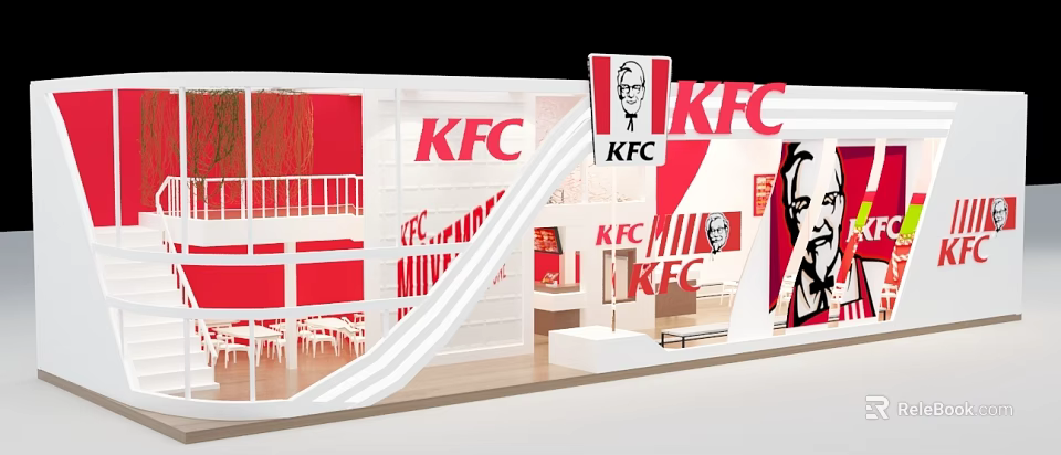 KFC Restaurant Interior Design With Red And White Color Scheme And Brand Logos 3d model 