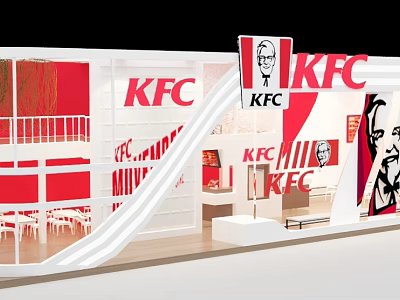 KFC Restaurant Interior Design With Red And White Color Scheme And Brand Logos 3d model