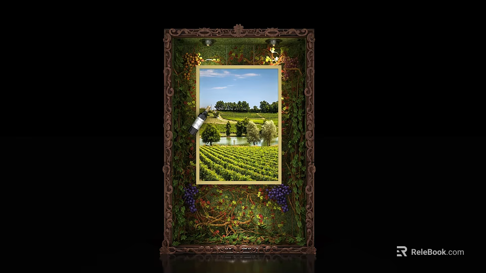 Ornate Decorative Frame With Vineyard Landscape Artwork And Grapevine Accents 3d model 