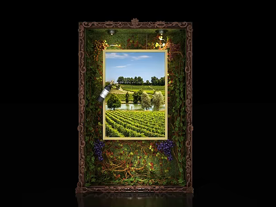 Ornate Decorative Frame With Vineyard Landscape Artwork And Grapevine Accents 3d model