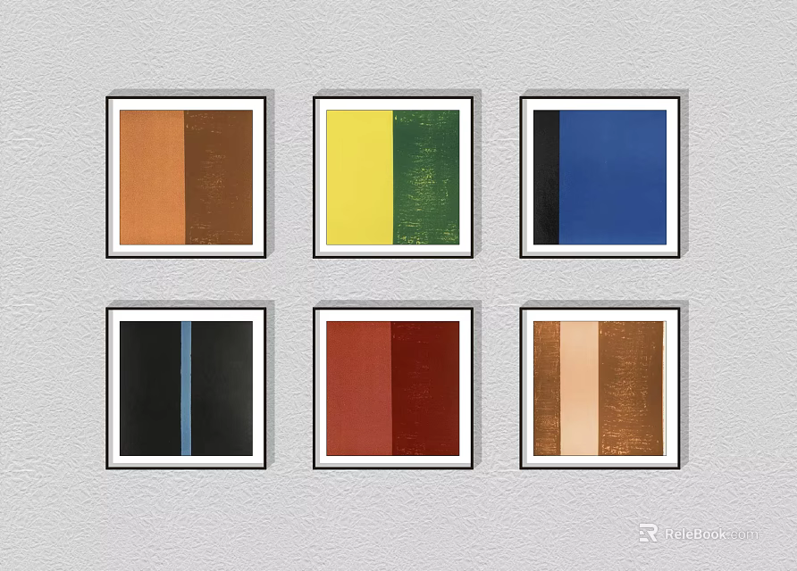 Six Square Framed Wall Art With Various Colors And White Frames Hanging On Wall 3d model