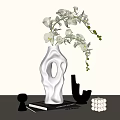 Modern Decorative Ornament Set With White Vase White Orchids And Black Accents On Wooden Tabletop