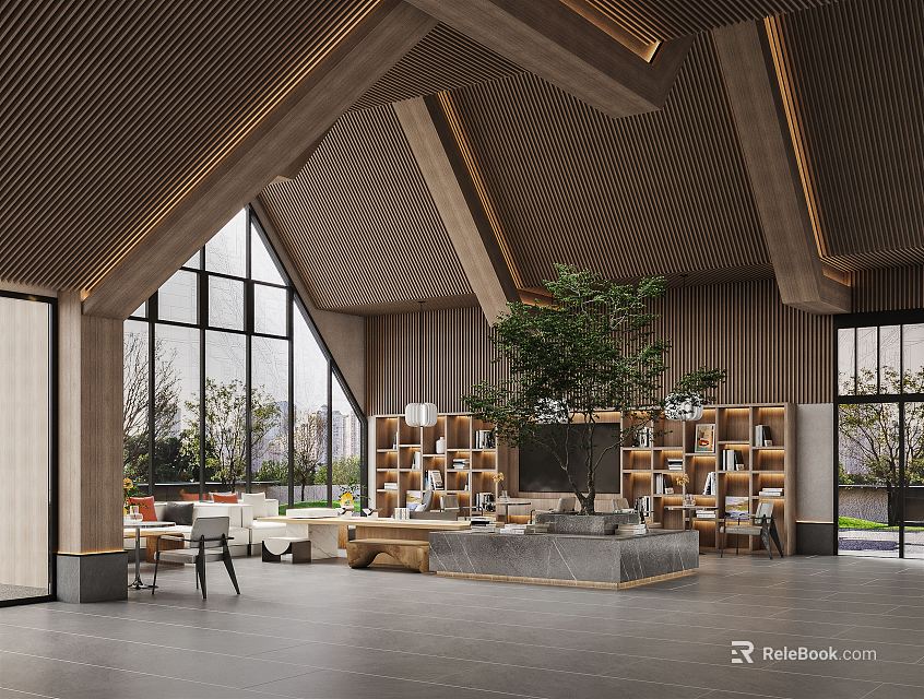 Book Art Interior Space With Wooden Ceiling Large Windows Bookshelves Green Plant And Sofa 3d model 