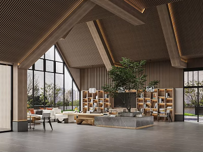 Book Art Interior Space With Wooden Ceiling Large Windows Bookshelves Green Plant And Sofa 3d model