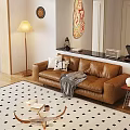 Modern Brown Leather Sofa and Coffee Table Set With Pillows Throw Blanket and Decorative Painting
