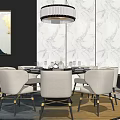 Elegant Round Dining Table Set with Beige Chairs Marble Wall and Chandelier 3d model