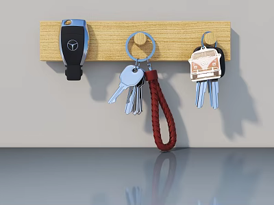 Wooden Swing Door With Wall Mounted Key Holder And Hanging Keys 3d model