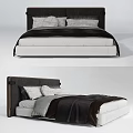Modern Double Bed with Dark Headboard White Mattress and Gray Black Bedding 3d model