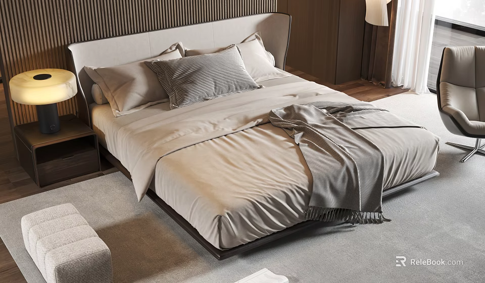 Modern Double Bed With Beige Linen Gray Throw Pillow And Wooden Headboard 3d model 