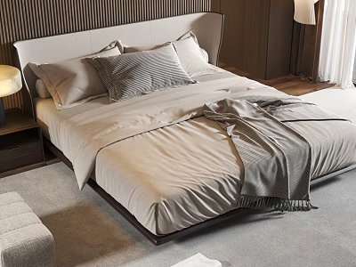 Modern Double Bed With Beige Linen Gray Throw Pillow And Wooden Headboard 3d model