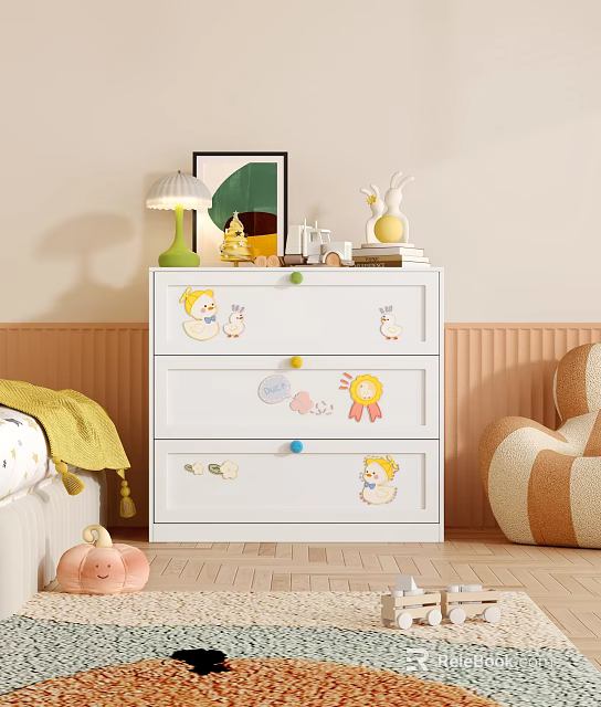 White Chest of Drawers with Cartoon Stickers and Colorful Knobs in Children's Room 3d model 