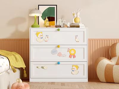 White Chest of Drawers with Cartoon Stickers and Colorful Knobs in Children's Room 3d model