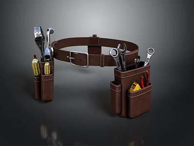 Brown Leather Tool Belt Featuring Multiple Pockets With Wrenches And Screwdrivers 3d model