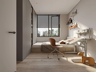 Modern Minimalist Tatami Bedroom Interior Design With Tatami Bed Desk Chair And Window Blinds 3d model