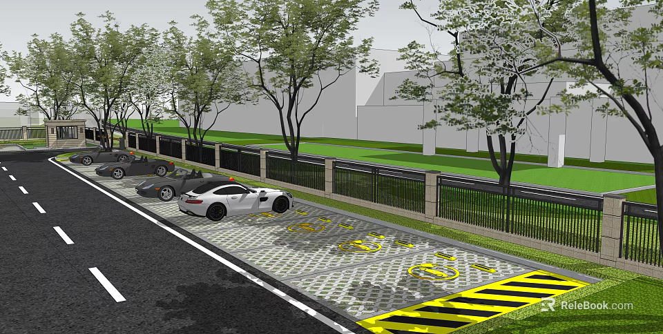 Eco friendly Parking Lot With Trees Parked Cars And Permeable Pavement 3d model 