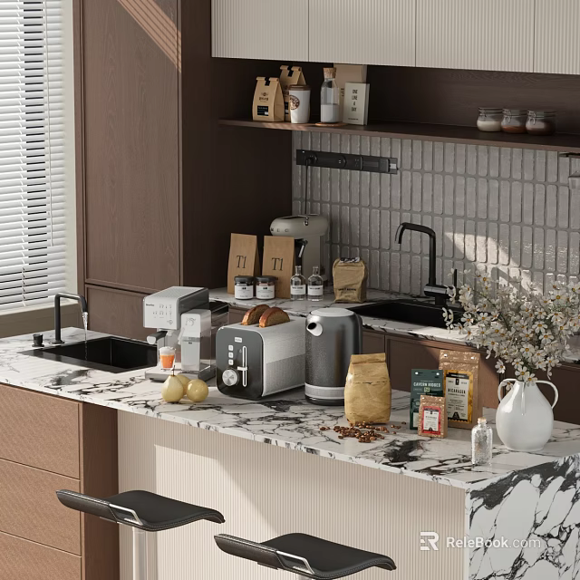 Modern Kitchen Interior With Marble Counter Coffee Maker Toaster Jars And Vase 3d model 