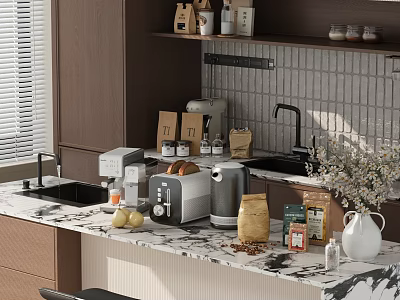 Modern Kitchen Interior With Marble Counter Coffee Maker Toaster Jars And Vase 3d model