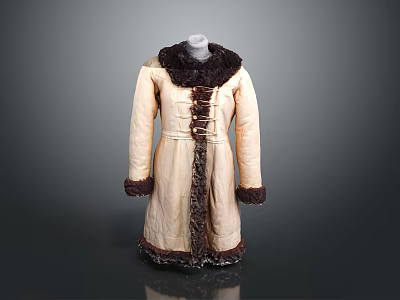 Long Cream Colored Coat With Fur Collar Dark Fur Trim And Tie Front Design 3d model