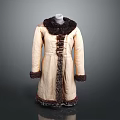 Long Cream Colored Coat With Fur Collar Dark Fur Trim And Tie Front Design