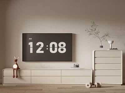 White Modern TV Stand with Television Chest of Drawers Deer Toy and Small Plant 3d model