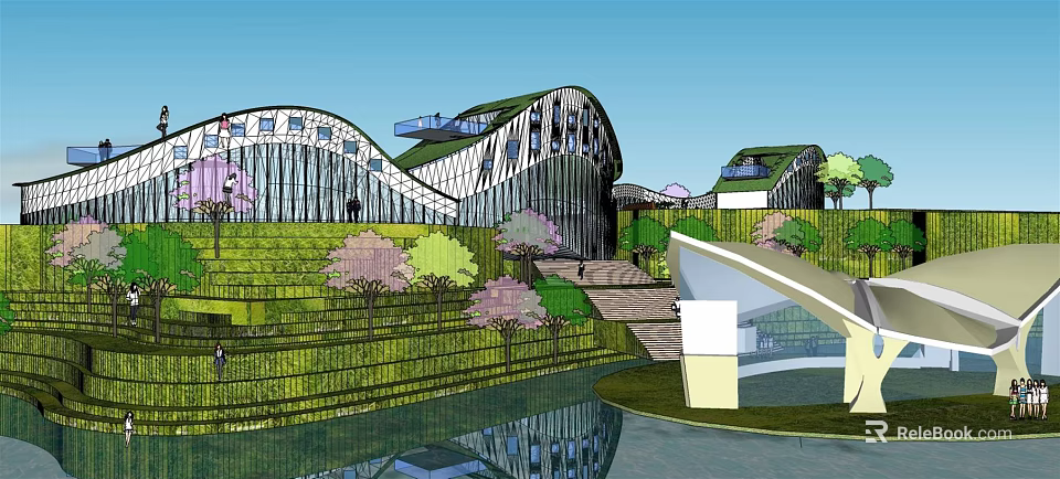 Modern Curved Green Roof Architecture With Grassy Hills Trees And Water Reflection 3d model 