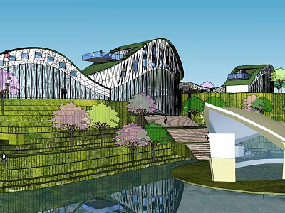 Modern Curved Green Roof Architecture With Grassy Hills Trees And Water Reflection 3d model