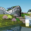 Modern Curved Green Roof Architecture With Grassy Hills Trees And Water Reflection