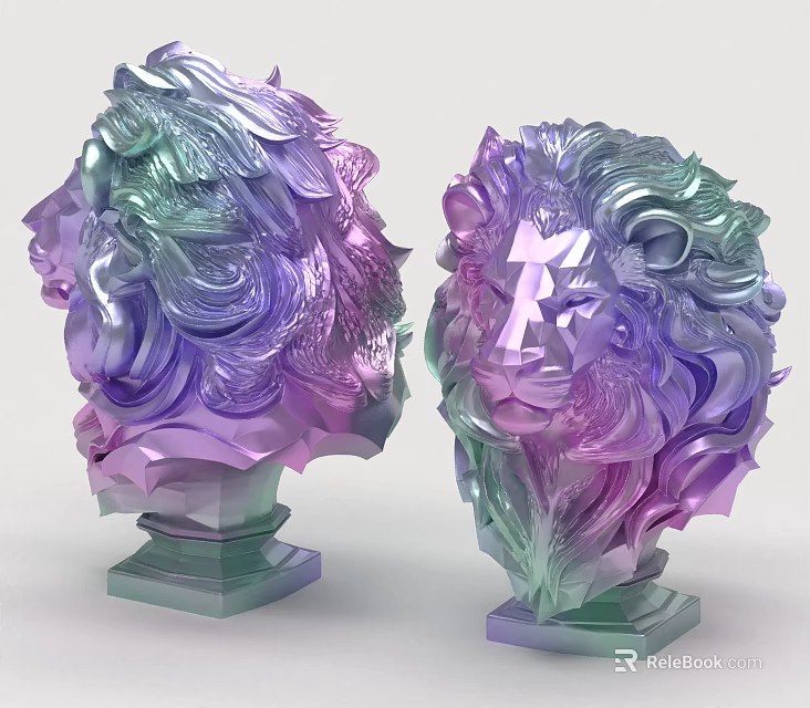 Vibrant Lion Head Sculptures With Purple Green Gradient Mane And Pedestals 3d model 