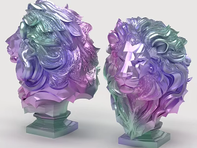 Vibrant Lion Head Sculptures With Purple Green Gradient Mane And Pedestals 3d model