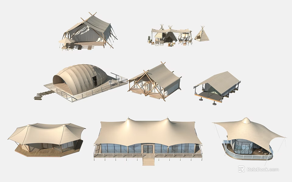 Various Tent Structural Designs With Different Roof Shapes Support Frames And Porch Extensions 3d model