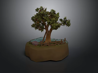 Decorative Tree with Red Fruits Surrounded by Small Water and Wooden Fence on Brown Base 3d model