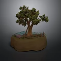 Decorative Tree with Red Fruits Surrounded by Small Water and Wooden Fence on Brown Base