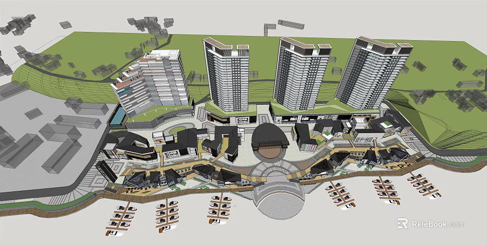 Modern High Rise Residential Complex With Green Spaces And Low Rise Commercial Buildings 3d model 