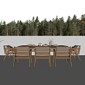 Outdoor Wooden Dining Table And Chairs Surrounded By Forest Trees With Dinnerware And Decorative Centerpiece