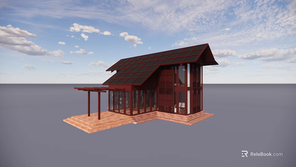 Modern Detached Villa With Solar Panel Roof Large Glass Windows And Red Brick Steps 3d model 