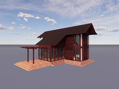 Modern Detached Villa With Solar Panel Roof Large Glass Windows And Red Brick Steps 3d model