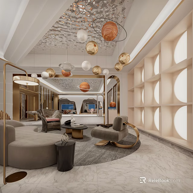 Modern Luxury Lounge Area With Plush Sofas Accent Chairs And Geometric Pendant Lights 3d model 