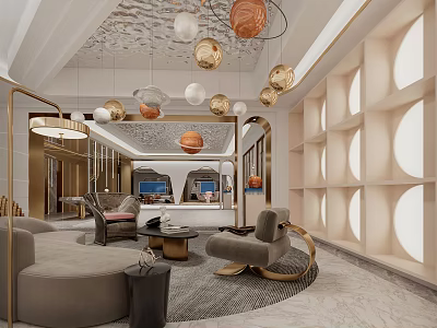 Modern Luxury Lounge Area With Plush Sofas Accent Chairs And Geometric Pendant Lights 3d model