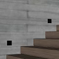 Gray Wood Patterned Wall Interior With Wooden Stairs And Illuminated Wall Lamps