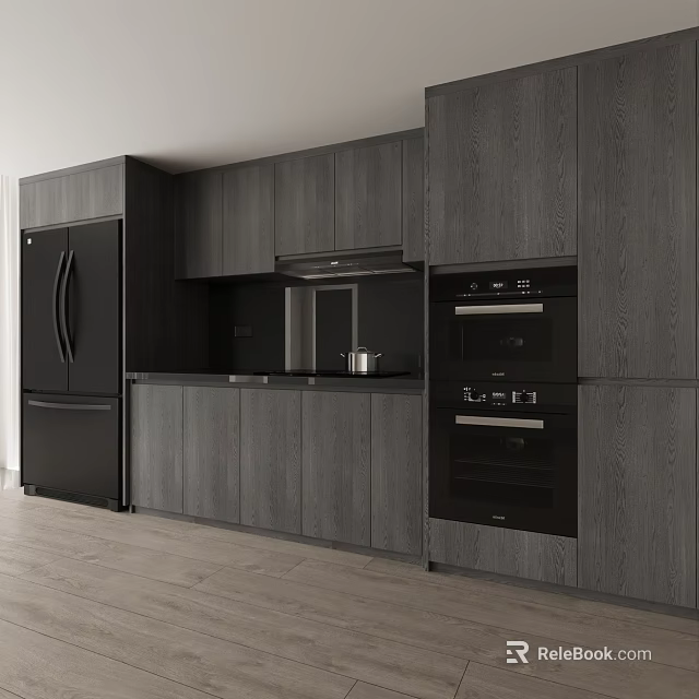 Modern Kitchen Interior Design With Wooden Texture Cabinets And Black Appliances 3d model 