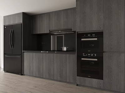 Modern Kitchen Interior Design With Wooden Texture Cabinets And Black Appliances 3d model