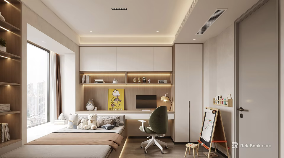 Modern Tatami Bedroom Interior With Tatami Bed Desk Chair And Storage Cabinets 3d model 