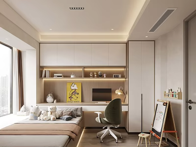 Modern Tatami Bedroom Interior With Tatami Bed Desk Chair And Storage Cabinets 3d model