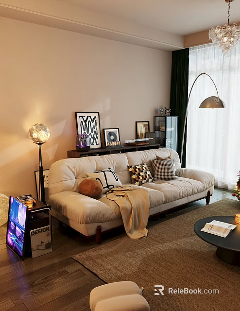 Warm Living Room Beige Double Sofa With Plush Pillows Cozy Throw Blanket And Decorative Artworks 3d model 