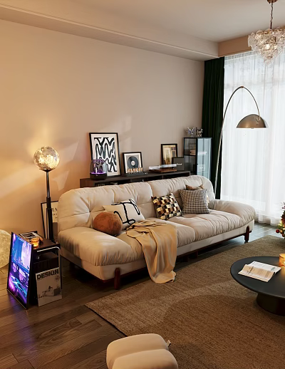 Warm Living Room Beige Double Sofa With Plush Pillows Cozy Throw Blanket And Decorative Artworks 3d model