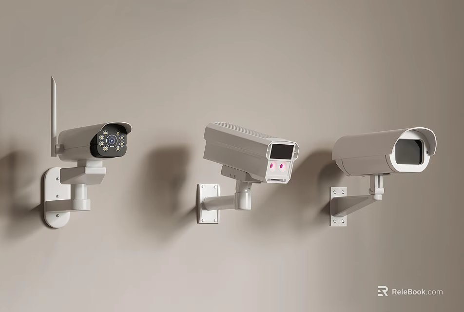 Projection Monitoring Surveillance Cameras Three Wall Mounted with Different Designs for Security 3d model 
