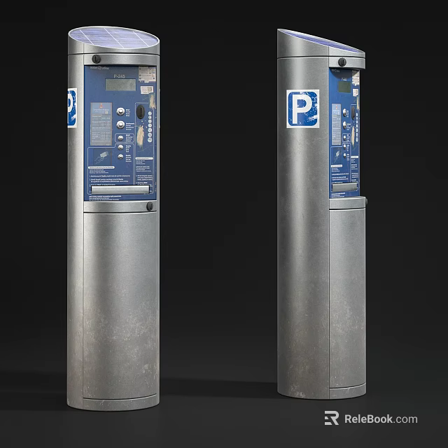 Two Metal Parking Traffic Signs With Blue Panels And Payment Meters 3d model 