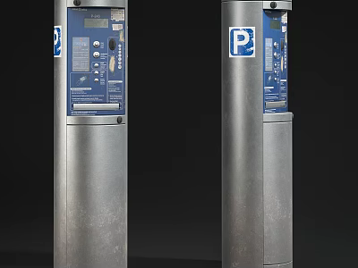 Two Metal Parking Traffic Signs With Blue Panels And Payment Meters 3d model