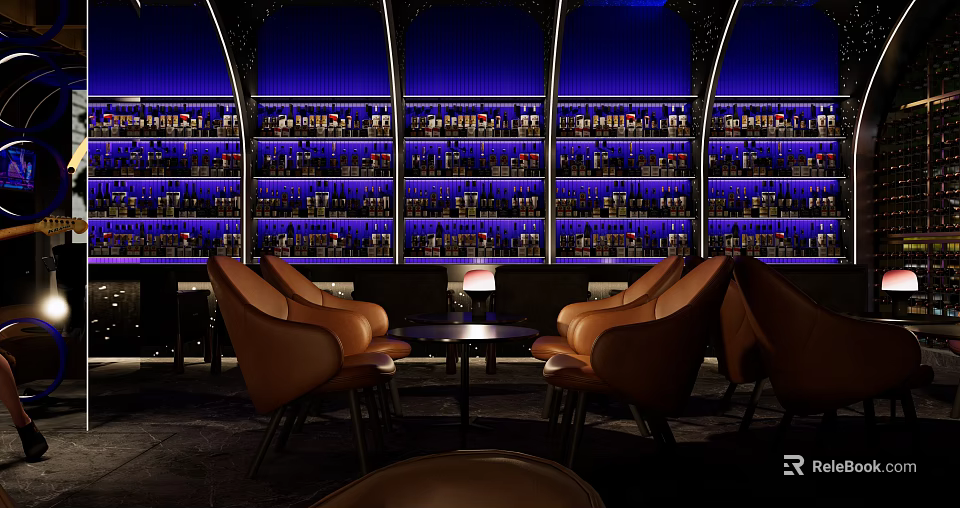 Stylish Bar Interior With Blue Lit Wine Racks Brown Leather Chairs And Small Tables 3d model 